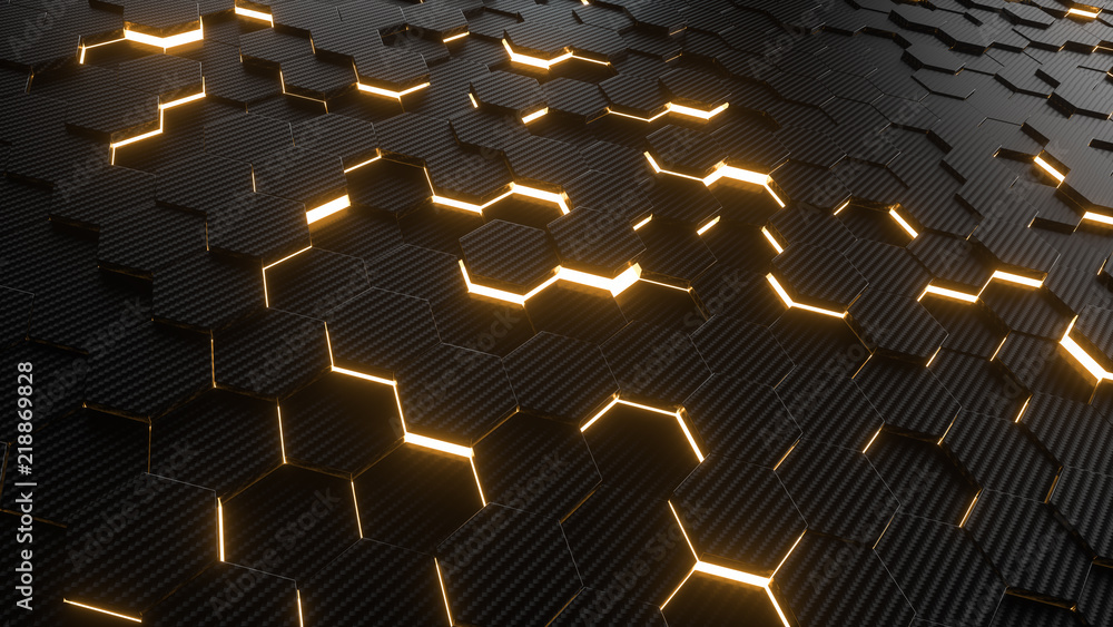 Poster abstract hexagonal geometric background. structure of lots of hexagons of carbon fiber with bright e