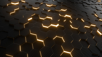 Abstract hexagonal geometric background. Structure of lots of hexagons of carbon fiber with bright energy light breaking through the cracks. 3d rendering