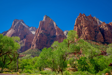 Amazing landscape three patriarchs Zion National Park, in beautiful blue sky background