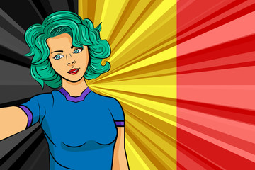 Pop art girl with unicorn color hair style. Young fan girl makes selfie before the national flag of Belgium. Vector sport illustration in retro comic style