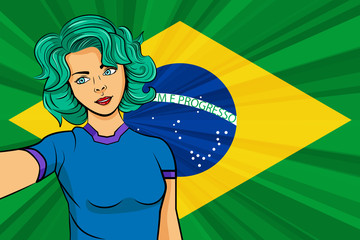 Pop art girl with unicorn color hair style. Young fan girl makes selfie before the national flag of Brazil. Vector sport illustration in retro comic style