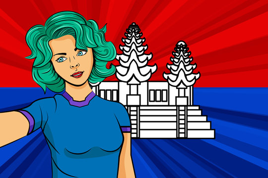 Pop art girl with unicorn color hair style. Young fan girl makes selfie before the national flag of Cambodia. Vector sport illustration in retro comic style