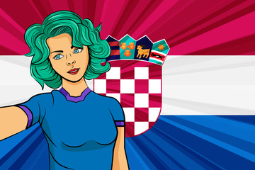 Pop art girl with unicorn color hair style. Young fan girl makes selfie before the national flag of Croatia. Vector sport illustration in retro comic style