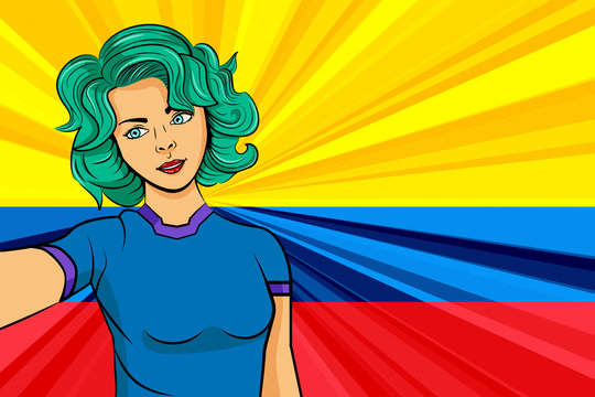 Pop art girl with unicorn color hair style. Young fan girl makes selfie before the national flag of Ecuador. Vector sport illustration in retro comic style
