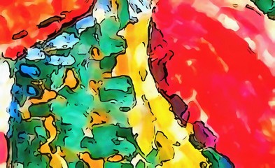 Abstract background in warm colors. Crazy art design. Acrylic painting. Detailed graphic texture. Surface artwork in oil on canvas. Psychedelic composition. Bright and shape artistic pattern.