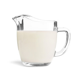 Glass jug with fresh hemp milk on white background