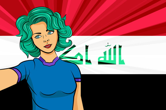 Pop art girl with unicorn color hair style. Young fan girl makes selfie before the national flag of Iraq. Vector sport illustration in retro comic style