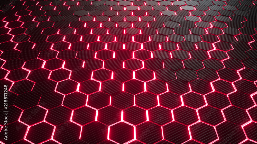 Poster abstract hexagonal geometric background. structure of lots of hexagons of carbon fiber with bright e