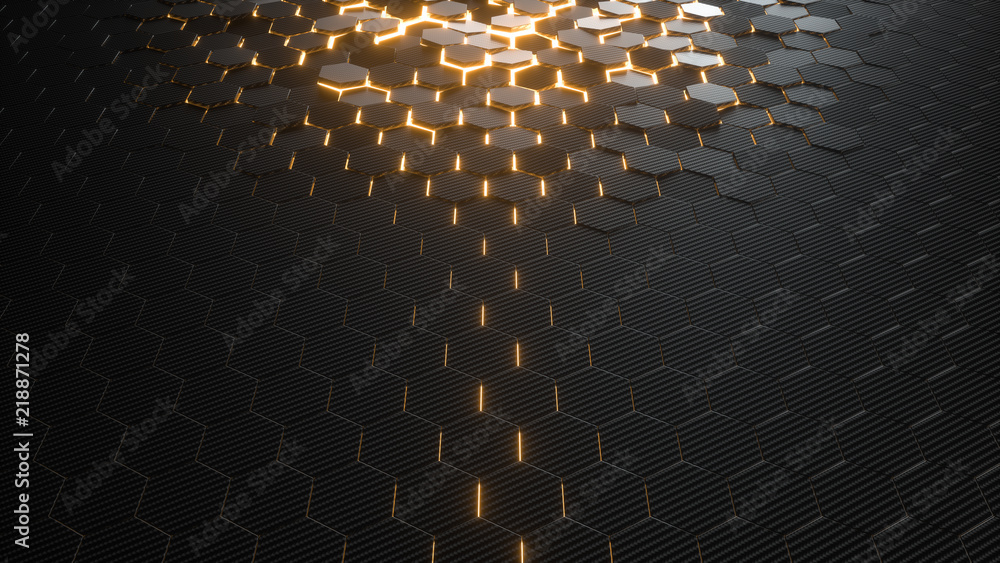 Poster abstract hexagonal geometric background. structure of lots of hexagons of carbon fiber with bright e