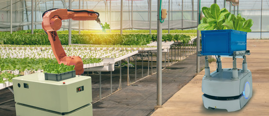 iot smart agriculture industry 4.0 concept. smart robotic in agriculture futuristic , robot farmers...