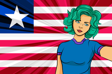 Pop art girl with unicorn color hair style. Young fan girl makes selfie before the national flag of Liberia. Vector sport illustration in retro comic style