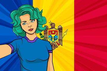 Naklejka premium Pop art girl with unicorn color hair style. Young fan girl makes selfie before the national flag of Moldova. Vector sport illustration in retro comic style