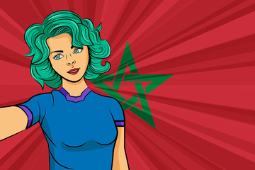 Pop art girl with unicorn color hair style. Young fan girl makes selfie before the national flag of Morocco. Vector sport illustration in retro comic style