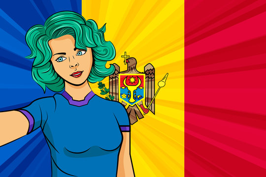 Pop art girl with unicorn color hair style. Young fan girl makes selfie before the national flag of Moldova. Vector sport illustration in retro comic style