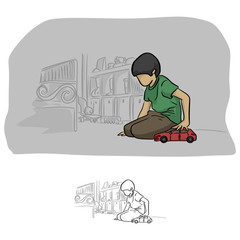 boy playing car toy in his room vector illustration sketch doodle hand drawn with black lines isolated on white background