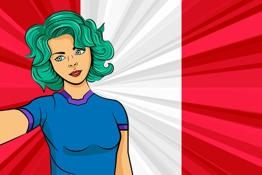 Pop art girl with unicorn color hair style. Young fan girl makes selfie before the national flag of Peru. Vector sport illustration in retro comic style
