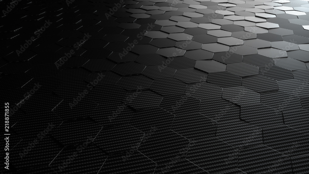 Poster black abstract hexagonal geometric background. structure of lots of hexagons of carbon fiber. 3d ren