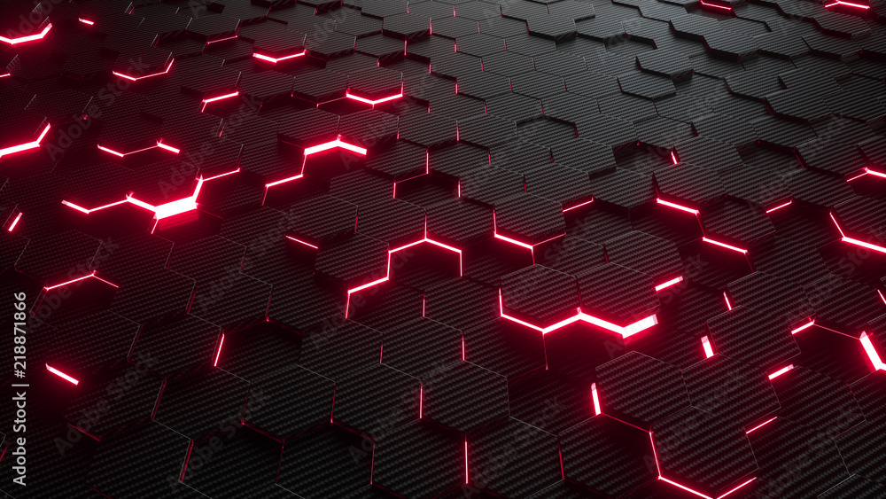 Poster abstract hexagonal geometric background. structure of lots of hexagons of carbon fiber with bright e