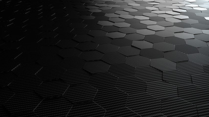 Black abstract hexagonal geometric background. Structure of lots of hexagons of carbon fiber. 3d rendering