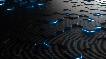 Fototapeta premium Abstract hexagonal geometric background. Structure of lots of hexagons of carbon fiber with bright energy light breaking through the cracks. 3d rendering