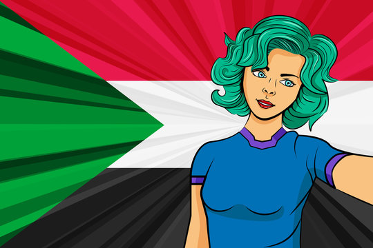 Pop art girl with unicorn color hair style. Young fan girl makes selfie before the national flag of Sudan. Vector sport illustration in retro comic style