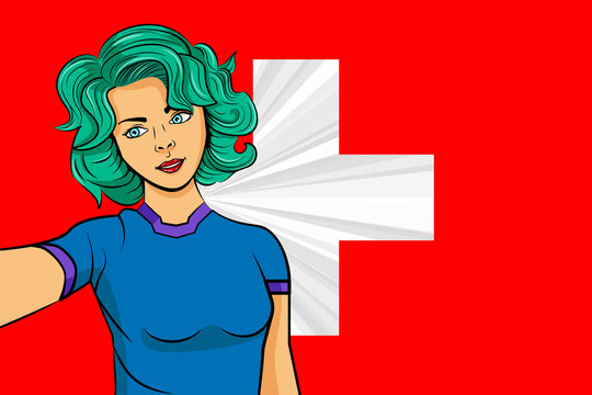 Pop art girl with unicorn color hair style. Young fan girl makes selfie before the national flag of Switzerland. Vector sport illustration in retro comic style