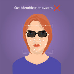 Young beautiful girl face with black glasses, face identification system text
