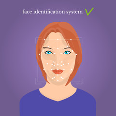 Young beautiful girl face, face identification system text