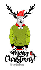 Merry Christmas card with funny deer animal in modern hipster style.