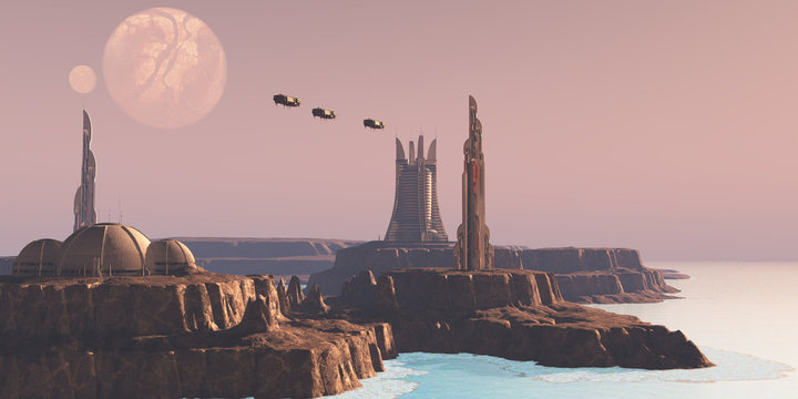 Astral Sector Planet - Shuttles take people to different buildings on an alien world full of advanced architecture.
