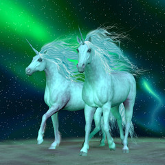 Northern Lights Unicorns - The Unicorn is a mythical creature that has a horse body with forehead horn and cloven hooves.  © Catmando
