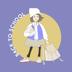 Back to school.Cute little girl in blue jacket with backpack go to school.