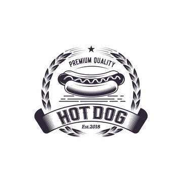 Vintage hot dog badge logo, Retro classic illustration. Vector Emblem