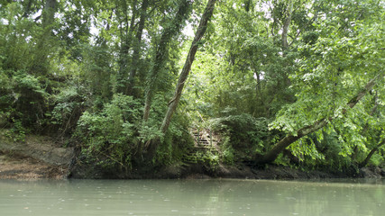 River in eastern Oklahoma with rocky shores and lush green trees