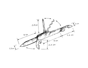 Illustration Hand Drawn Sketch Dimension of Swiss Army Knife Isolated on White Background. A Pocketknife or Multi-Tool Such As Acrewdrivers, Can opener and Many Others.  - obrazy, fototapety, plakaty