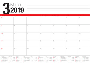 March 2019 desk calendar vector illustration