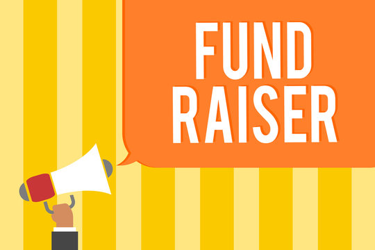 Text sign showing Fund Raiser. Conceptual photo person whose job or task is seek financial support for charity Man holding megaphone loudspeaker speech bubble message speaking loud.