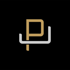 Initial letter J and P, JP, PJ, overlapping interlock logo, monogram line art style, silver gold on black background