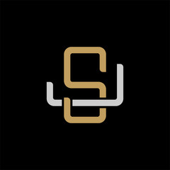 Initial letter J and S, JS, SJ, overlapping interlock logo, monogram line art style, silver gold on black background