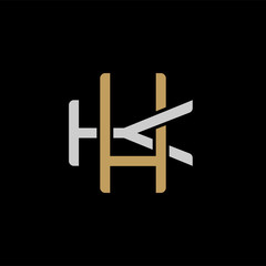 Initial letter K and H, KH, HK, overlapping interlock logo, monogram line art style, silver gold on black background
