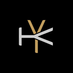 Initial letter K and Y, KY, YK, overlapping interlock logo, monogram line art style, silver gold on black background