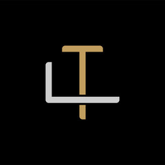 Initial letter L and T, LT, TL, overlapping interlock logo, monogram line art style, silver gold on black background