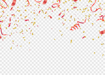 Red and gold confetti, serpentine or ribbons falling on white transparent background vector illustration. Party, festival,