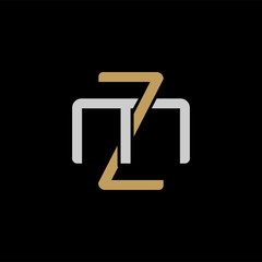 Initial letter M and Z, MZ, ZM, overlapping interlock logo, monogram line art style, silver gold on black background