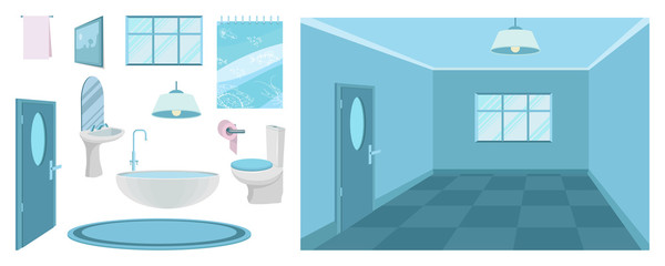 Fototapeta na wymiar bathroom interior modern, 3d, bathroom design, interior of the room in blue, elements for creating a bathroom, shower room, flat design, vector graphics to design
