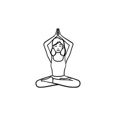 Girl meditating in lotus pose with her hands up hand drawn outline doodle icon. Meditation, wellness concept. Vector sketch illustration for print, web, mobile and infographics on white background.