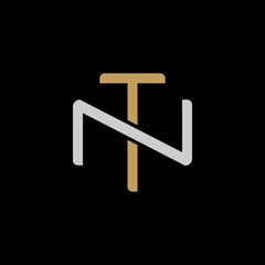 Initial letter N and T, NT, TN, overlapping interlock logo, monogram line art style, silver gold on black background