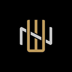 Initial letter N and W, NW, WN, overlapping interlock logo, monogram line art style, silver gold on black background