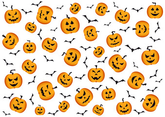 Collection of Halloween pumpkins faces pattern background. Vector illustration