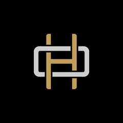 Initial letter O and H, OH, HO, overlapping interlock logo, monogram line art style, silver gold on black background